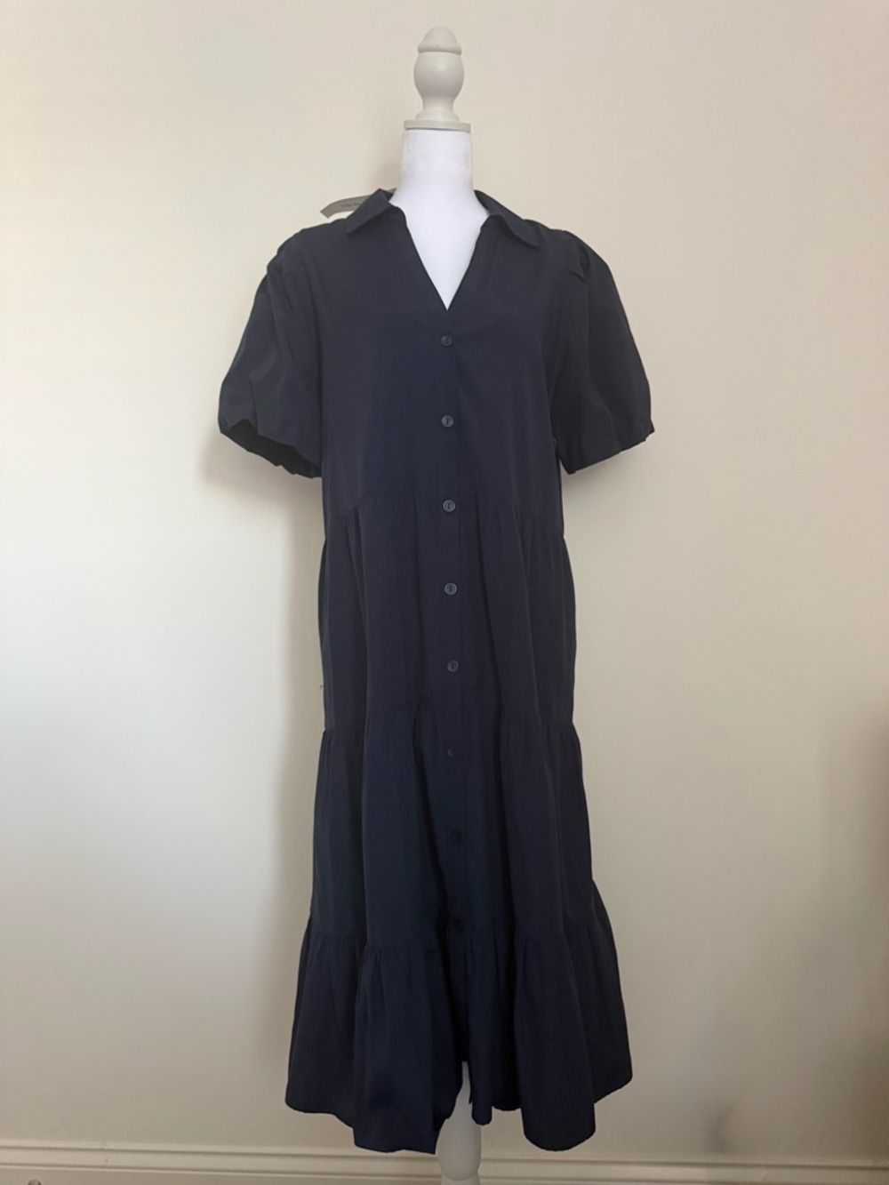 Brochu Walker Navy Puff-Sleeve Tiered midi Dress size Large